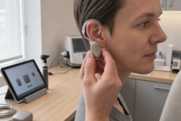Mains d’un audioprothésiste réglant une aide auditive moderne à côté d’un patient assis de profil dans un cabinet lumineux