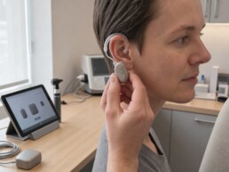 Mains d’un audioprothésiste réglant une aide auditive moderne à côté d’un patient assis de profil dans un cabinet lumineux