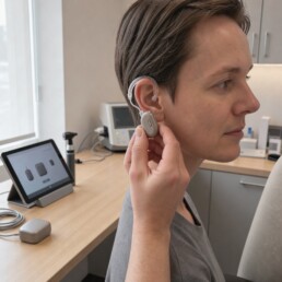 Mains d’un audioprothésiste réglant une aide auditive moderne à côté d’un patient assis de profil dans un cabinet lumineux